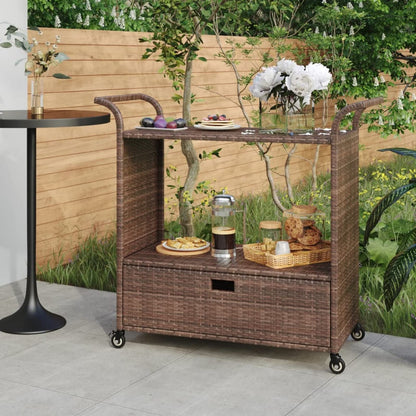 Gecheer Bar Cart with Drawer – Brown Poly Rattan Serving Trolley, 39.4 x 17.7 x 38.2 Inches, Weatherproof, Locking Casters, Sturdy Steel Frame