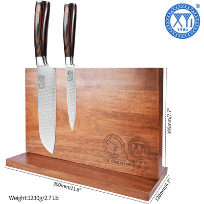 XYJ Authentic Since 1986, Magnetic Knife Block, Double Side Kitchen Knife Stand, Acacia Wood, Magnetic Knife Holder with Strong Enhanced Magnets,Knives Storage Rack Stand for Home Kitchen