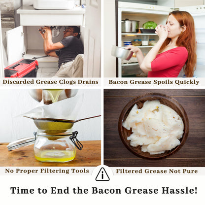 Ayerphalo Bacon Grease Container with Strainer - With Food-Grade Silicone Spatula, 24oz Enamel Rustic Farmhouse Fat Container, Keeper, Recipes, Dishwasher Safe