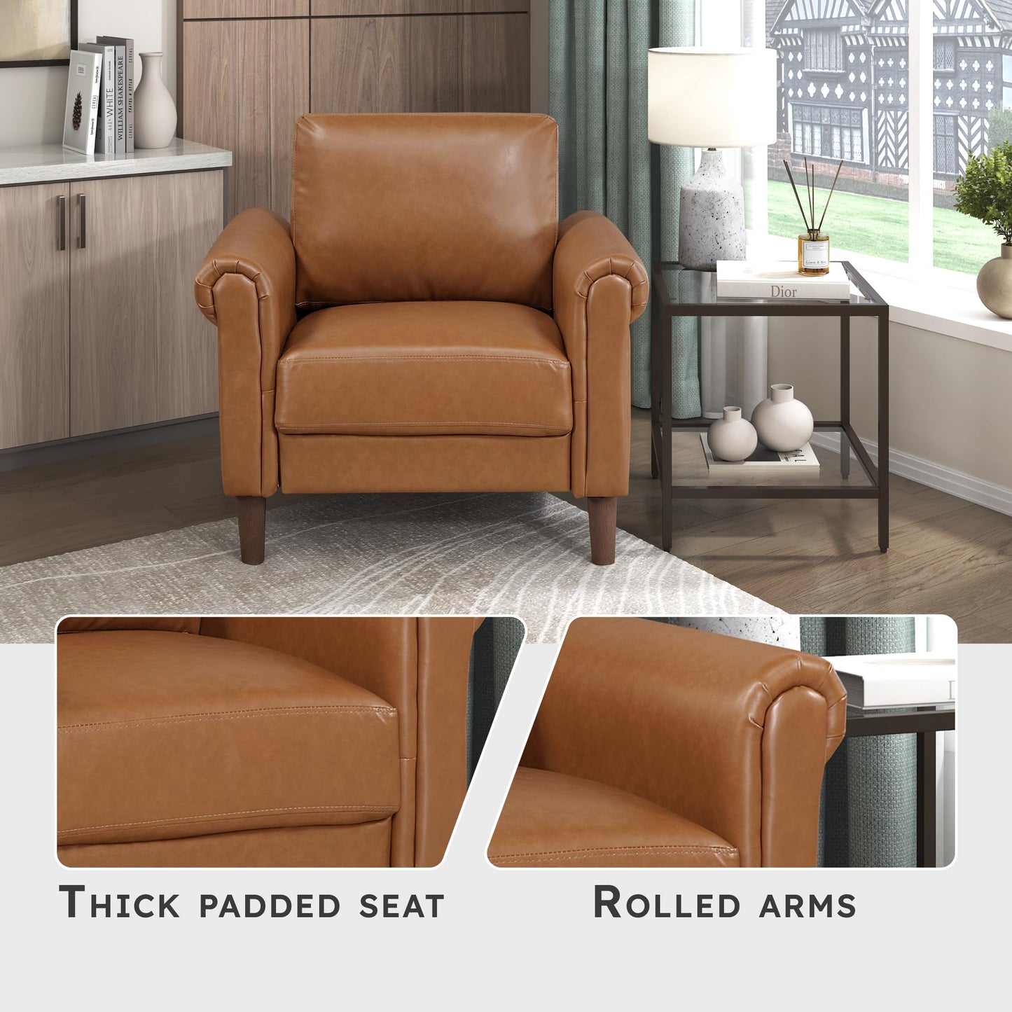 Lexicon 35" W Living Room Accent Chair, Faux Leather Upholstered Armchair with Rolled Armrest for Bedroom/Office/Waiting Room, Single Sofa Chair, Brown