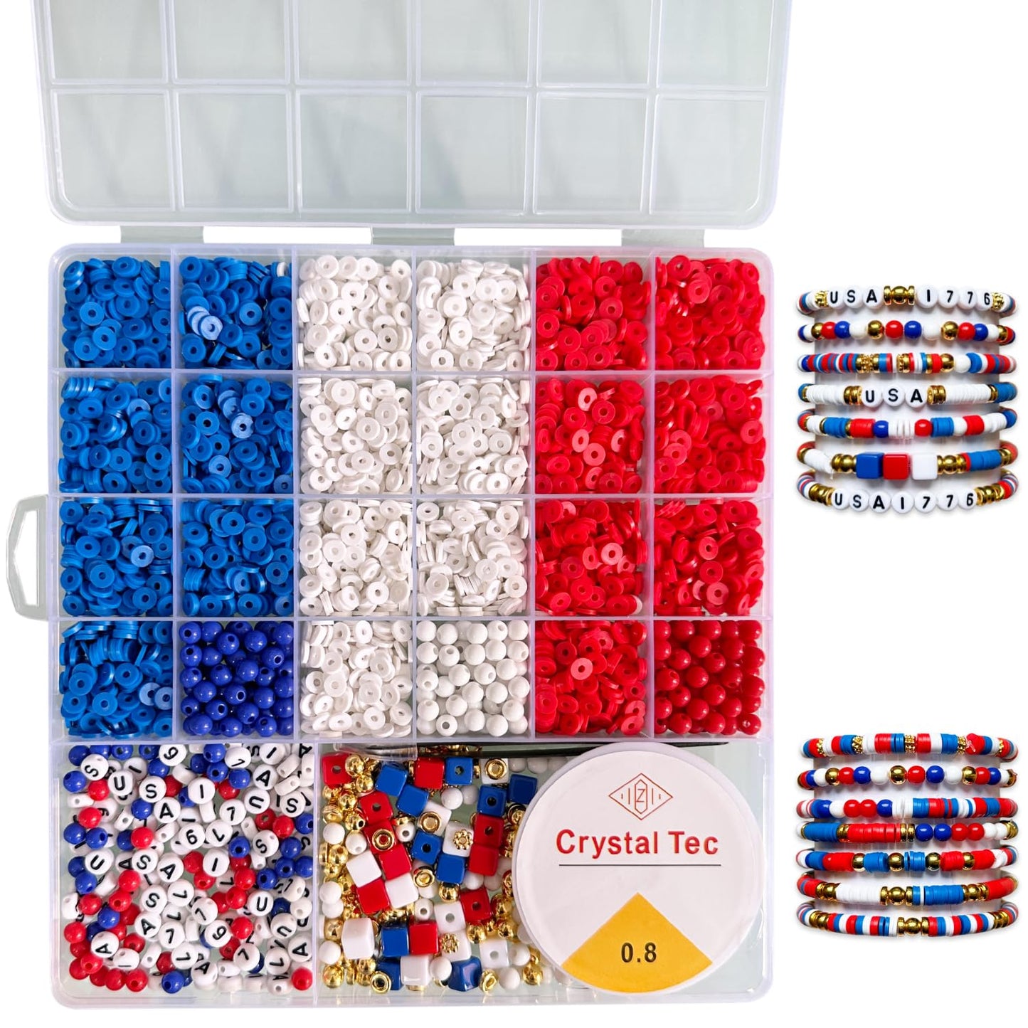 USA Clay Beads Bracelets Jewelry Making Kit, Veternas Day, Memorial Day, 4th of July, Independence Day, Party Supplies Faovrs, USA Flag Art and Craft DIY Keychain Making Set, (Red White Blue, 1 Box)