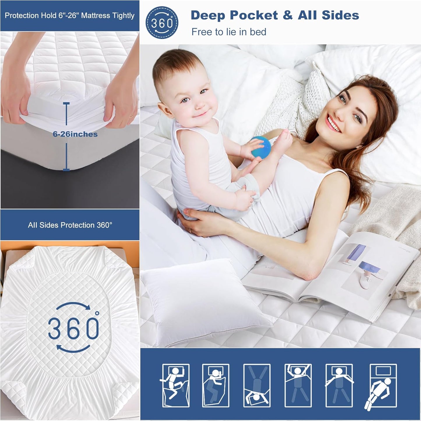 GRT Short Queen Size Quilted Fitted Mattress Pad, 100% Waterproof Breathable Protector, Noiseless Topper, Fitted 8"-26"