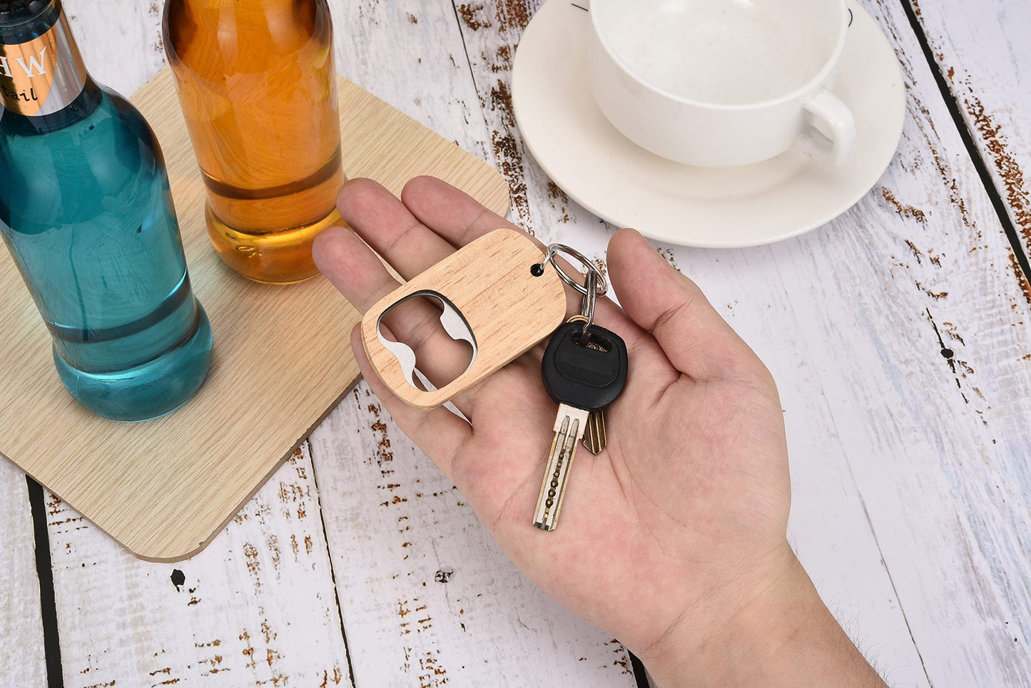 10 Pcs Wooden Keychain Blanks Wood Bottle Opener Bulk Laser Engraving Blanks Unfinished Wooden Key Ring Key Tag for Party Favors DIY Gift Craft Supplies