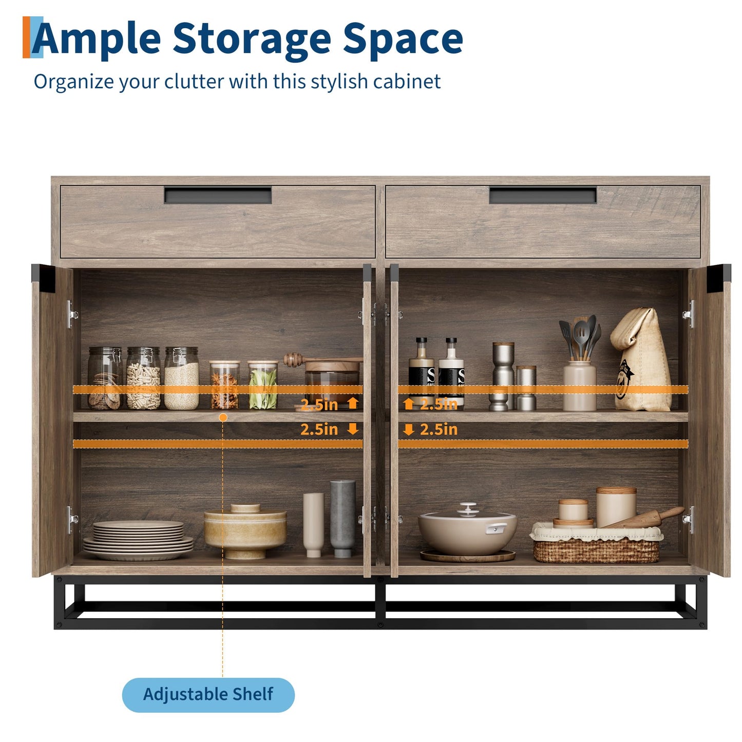 GarveeHome Sideboard Buffet Cabinet, 55-Inch Large Modern Kitchen Accent Storage Cabinet with 2 Drawers and 4 Doors, Coffee Bar Buffet Table for Kitchen and Dining Room (Retro)