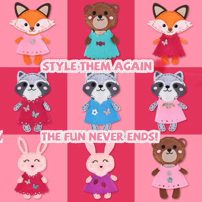 Cymbana Kid Sewing Craft Kit to Make a Friend for Beginner Felt Craft Learn to Sew, Panda Fox Bunny Raccoon Bear 5 Animals