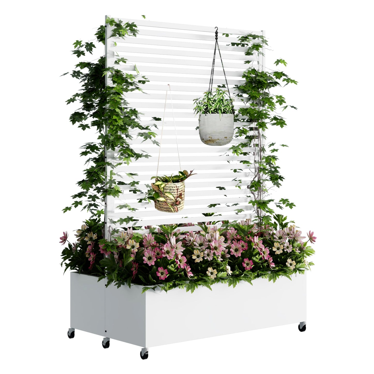Sunnibety Double Metal Planter Box with Trellis Privacy Screen, Raised Garden Bed with Trellis & Wheels, Planter Box Outdoor with Drainage Holes for Climbing Plants, Vines,73"x 47"x 30", White
