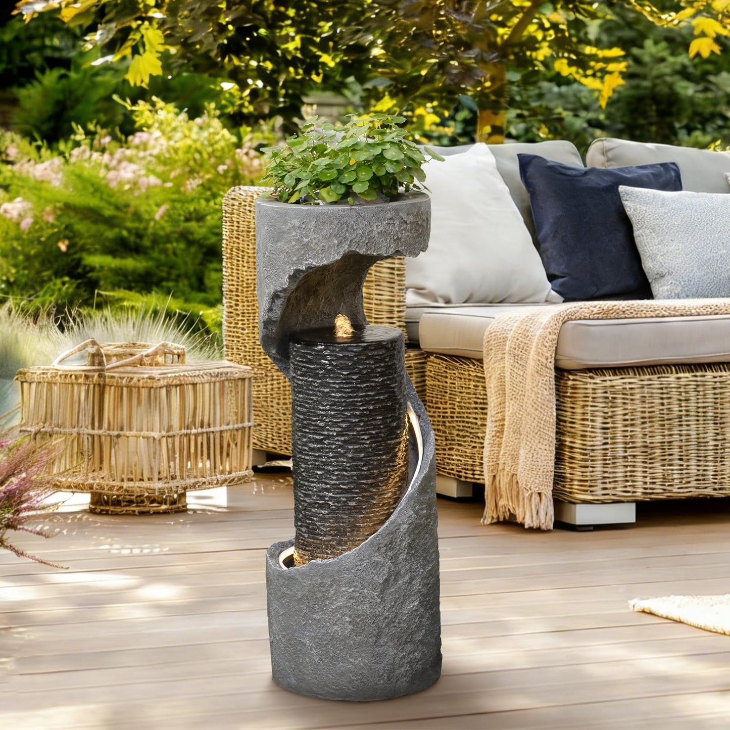 Tankana 35.5" H Water Fountain with Planter, Modern Spiral Waterfall for Outdoor and Indoor, Bubbling Garden Fountain with LED Light for Patio, Deck, and Living Room Corner