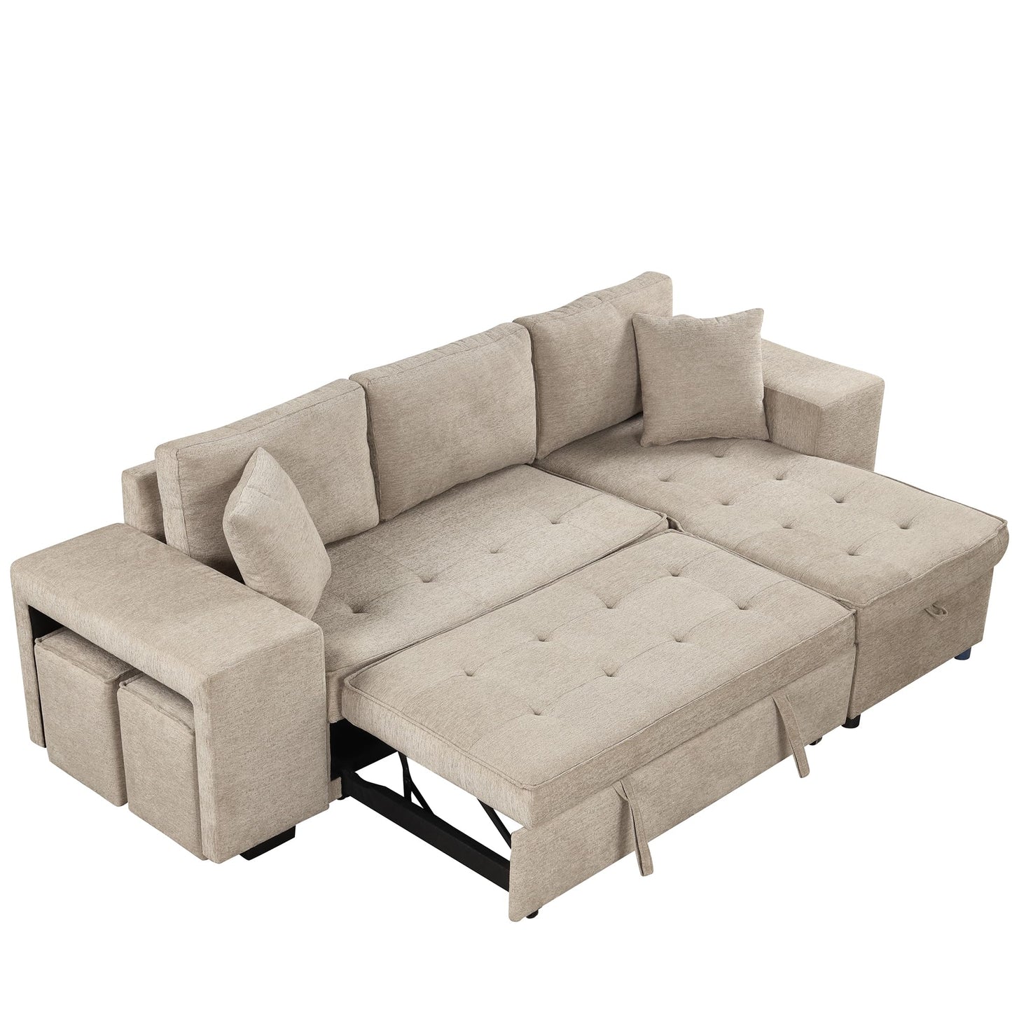 Merax 3 Seat Reversible Sectional Couch, Modern L-Shape Pull Out Sleeper Sofa with Storage Chaise and 2 Stools for Living Room Furniture Set, Cream