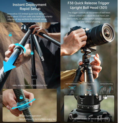 FALCAM TreeRoot Lite F38 Quick Lock Carbon Fiber Travel Tripod with Ball Head Load Capacity 3kg/6.6lbs, Max Vertical Payload 40Kg/88lbs for Cameras (C141K-301)