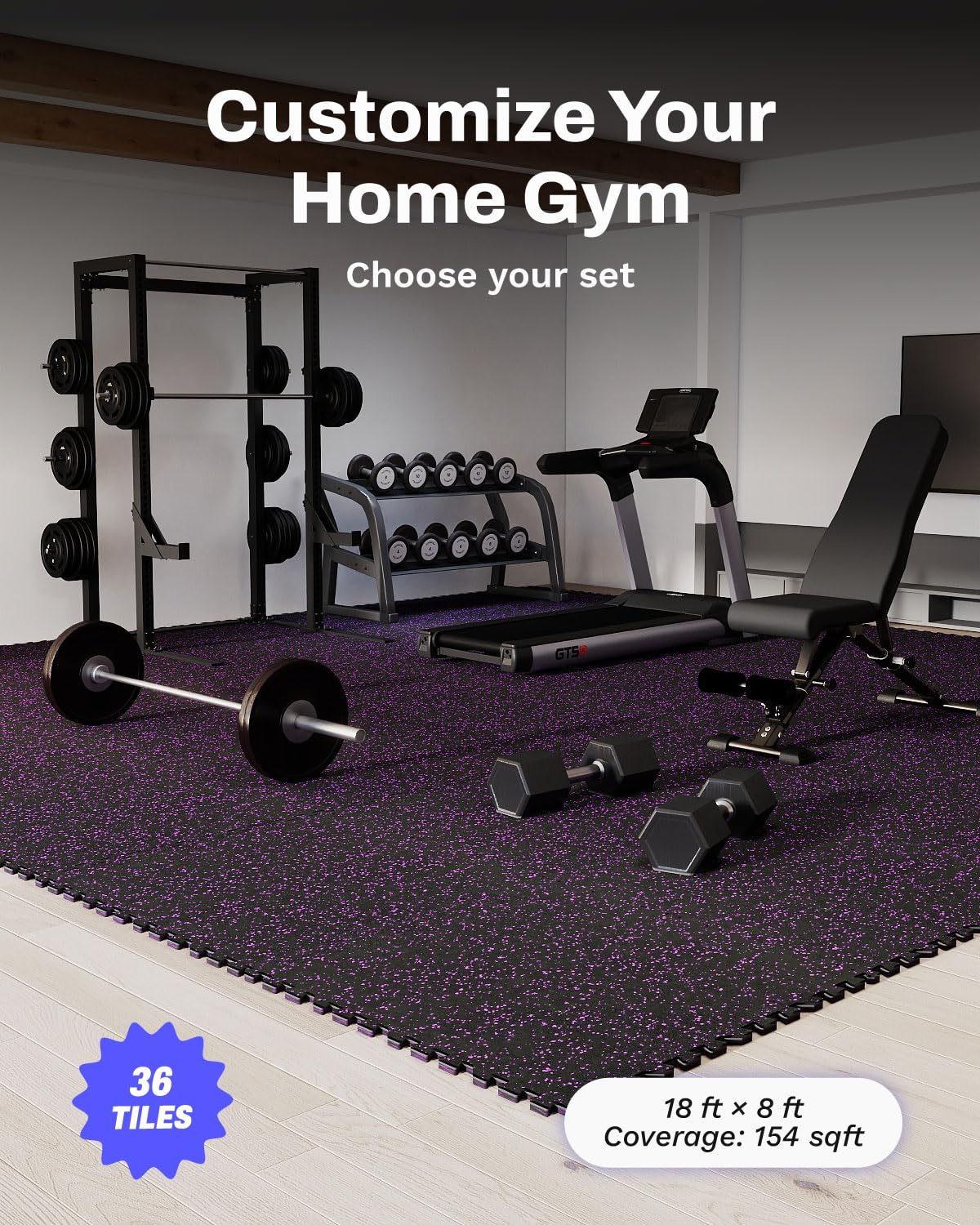 AIRHOP 0.56in Thick 144 Sq Ft Exercise Equipment Mats, 36 Tiles Upgraded Rubber Top with High Density EVA Foam, Large Interlocking Puzzle Gym Flooring for Home Gym, Heavy Weight Workout, 24 x 24in