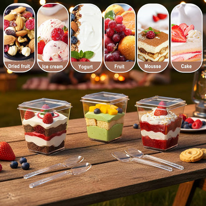 200 5 oz Pcs Clear Plastic Dessert Cups with Lids & Spoons, Reusable Parfait & Appetizer Cups, Mini Dessert Shooters