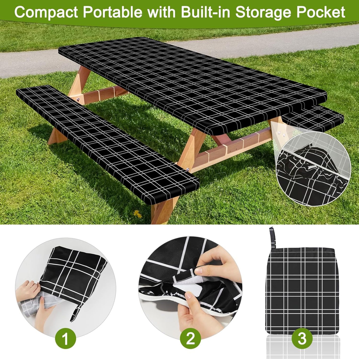 HobbLab Rv,72in,Black Picnic Table Cover with Bench Covers Portable Table Cloth Built-in Storage Pocket Fitted