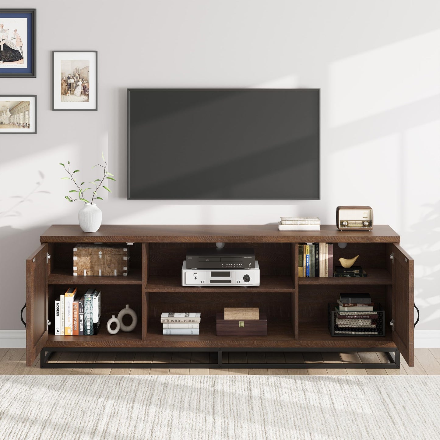 Garvee Farmhouse TV Stand for Living Room, Entertainment Center with 2-Tier Adjustable Shelves & Metal Leg, Wooden TV & Media Console Table for 75 Inch with Storage Compartments, Walnut