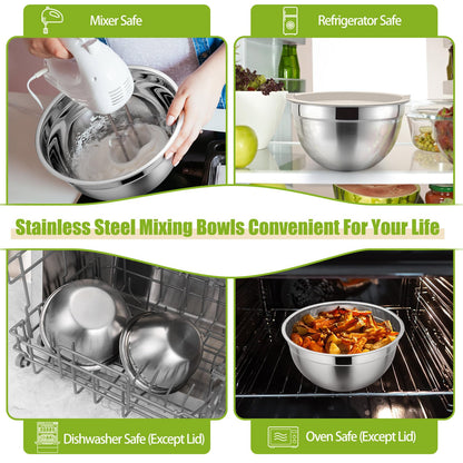 P&P CHEF Khaki Mixing Bowls with Lids, Set of 3, Stainless Steel Salad Nesting Bowl for Mixing, Storing, Prepping, Airtight & Stackable, Size 4.6/3 /1.5 QT
