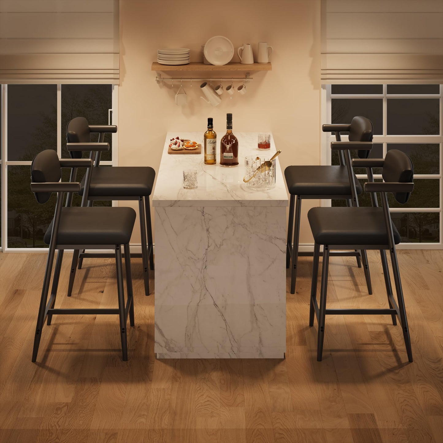 IDEALHOUSE Counter Height Bar Stools Set of 8, 26" Metal Barstools Set with Armrest & Footrest, Bar Chairs with Long Back &Thickened Wide Soft Seat for Kitchen Island, Counter Height Bar, Rustic Black