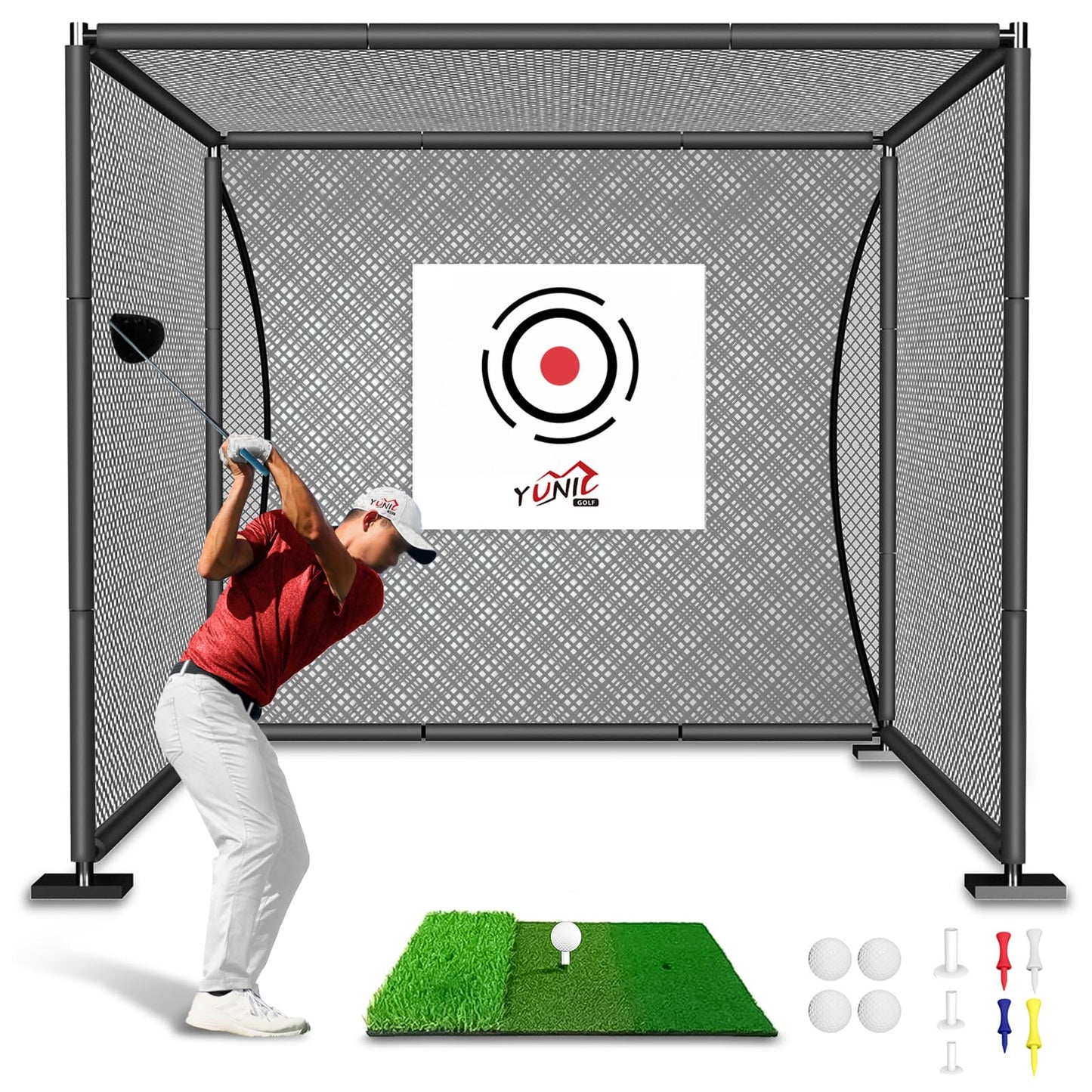 YUNIC Golf Driving Cage with Steel Frame, Golf Nets for Backyard Driving for Full Swing and Chipping Practice Indoor Outdoor (Black, 10'(W) x10'(H) x10'(D))