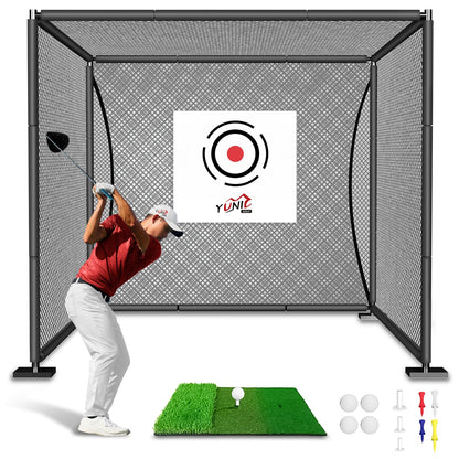YUNIC Golf Driving Cage with Steel Frame, Golf Nets for Backyard Driving for Full Swing and Chipping Practice Indoor Outdoor (Black, 10'(W) x10'(H) x10'(D))