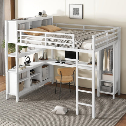 KEIKI Metal Queen Size Loft Bed Frame with Built-in L Shaped Desk, Wardrobe, Stairs, Storage Cubes & Shelves for Kids Teens Adults, No Box Spring Needed
