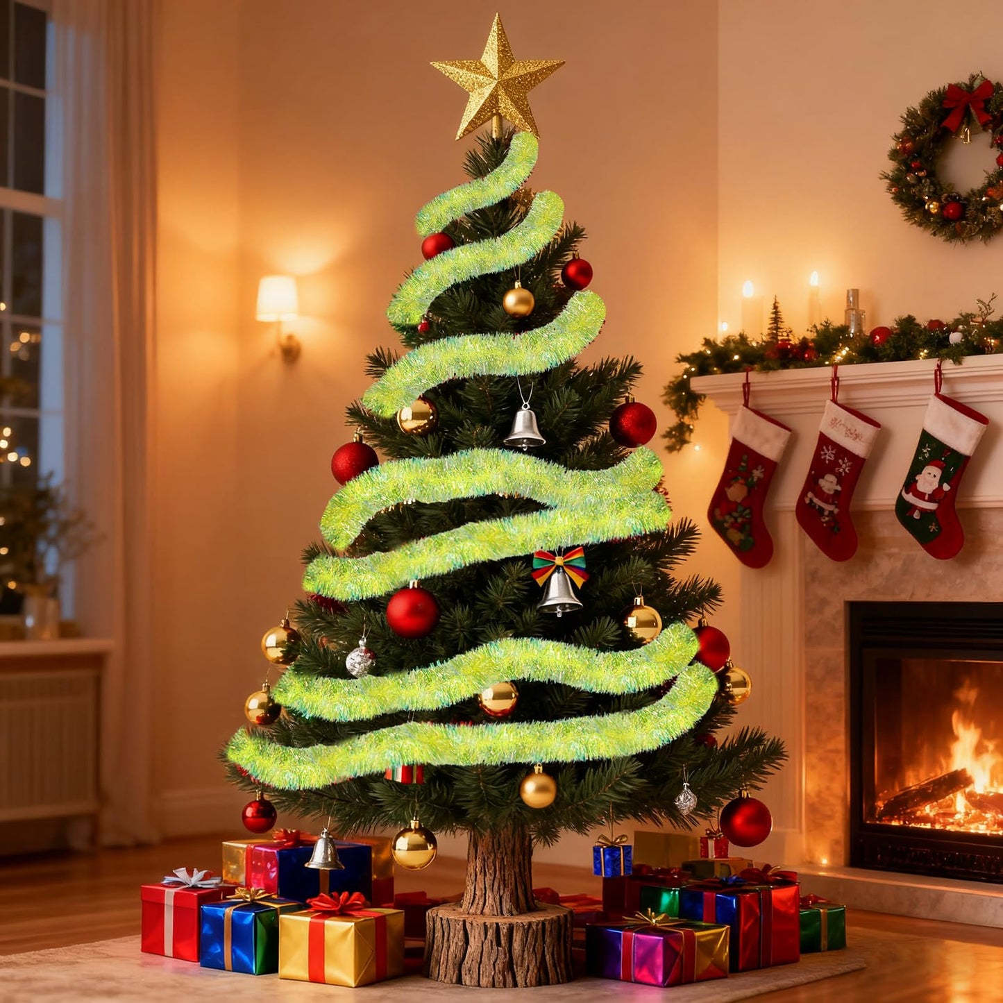 JXITON 33FT Christmas Tinsel Garland Lime Green Metallic Hanging Twisted Garland for Christmas Tree Fireplace Mantle Xmas Party Home Decoration