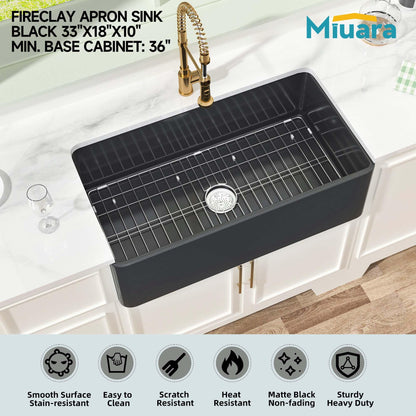 Miuara Black Farmhouse Sink 33 Inch - Large Apron Front Kitchen Sink Single Bowl 33"x18", Undermount Farm House Style, Heavy Duty Solid Fireclay, Matte Black, for Kitchen