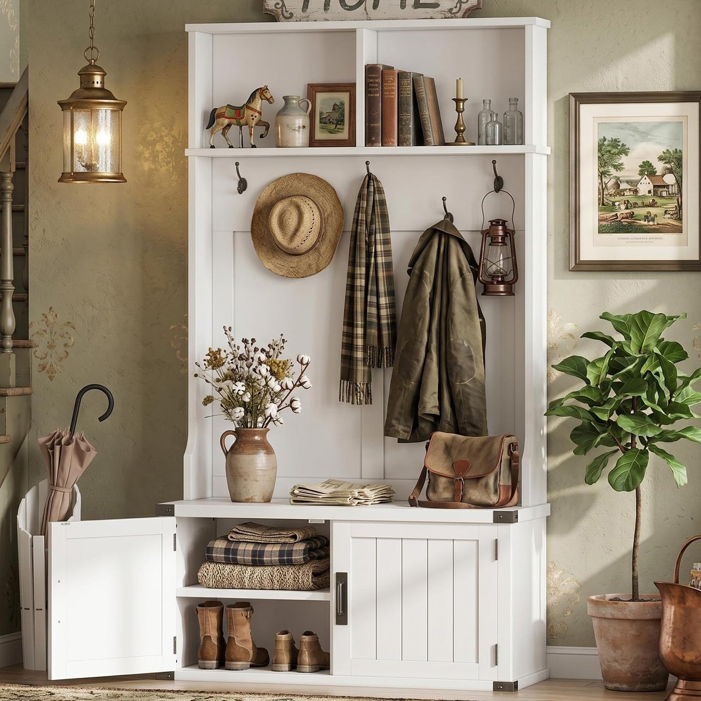 Garvee Farmhouse Hall Tree with Bench and Shoe Storage, 77" Tall Entryway Hall Tree w/ 5 Tri-Hooks Coat Rack, Mudroom Rack w/Bench & Door, Adjustable Shelf, 2 Top Cubbies Storage, Space Saving, White