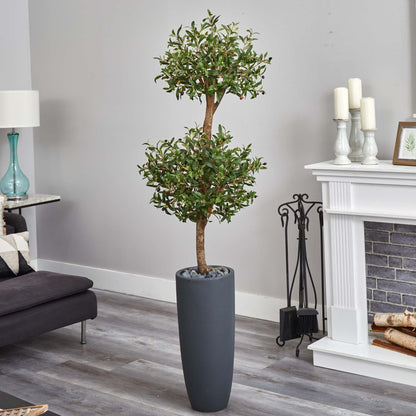 Nearly Natural 6ft. Olive Double Artificial Tree in Gray Cylinder Planter