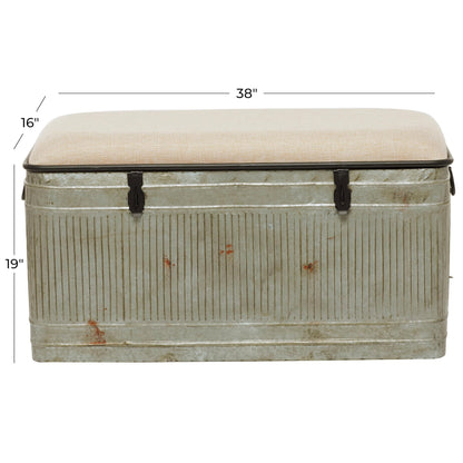 Deco 79 Metal Room Storage Bench Galvanized Entryway Bench with Cream Burlap Top and Black Latches, Bench 38" x 16" x 19", Gray