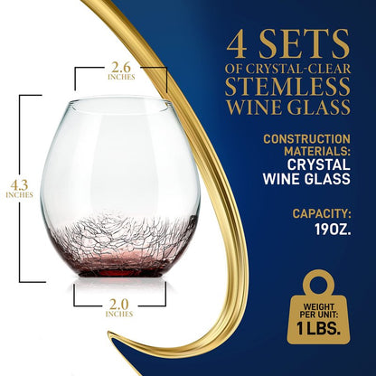 NutriChef 19 Ounce Stemless Wine Glasses For Red or White Wine (Set of 4) For Party And Gifting Clear, Lead-Free, and Ice Crack Design