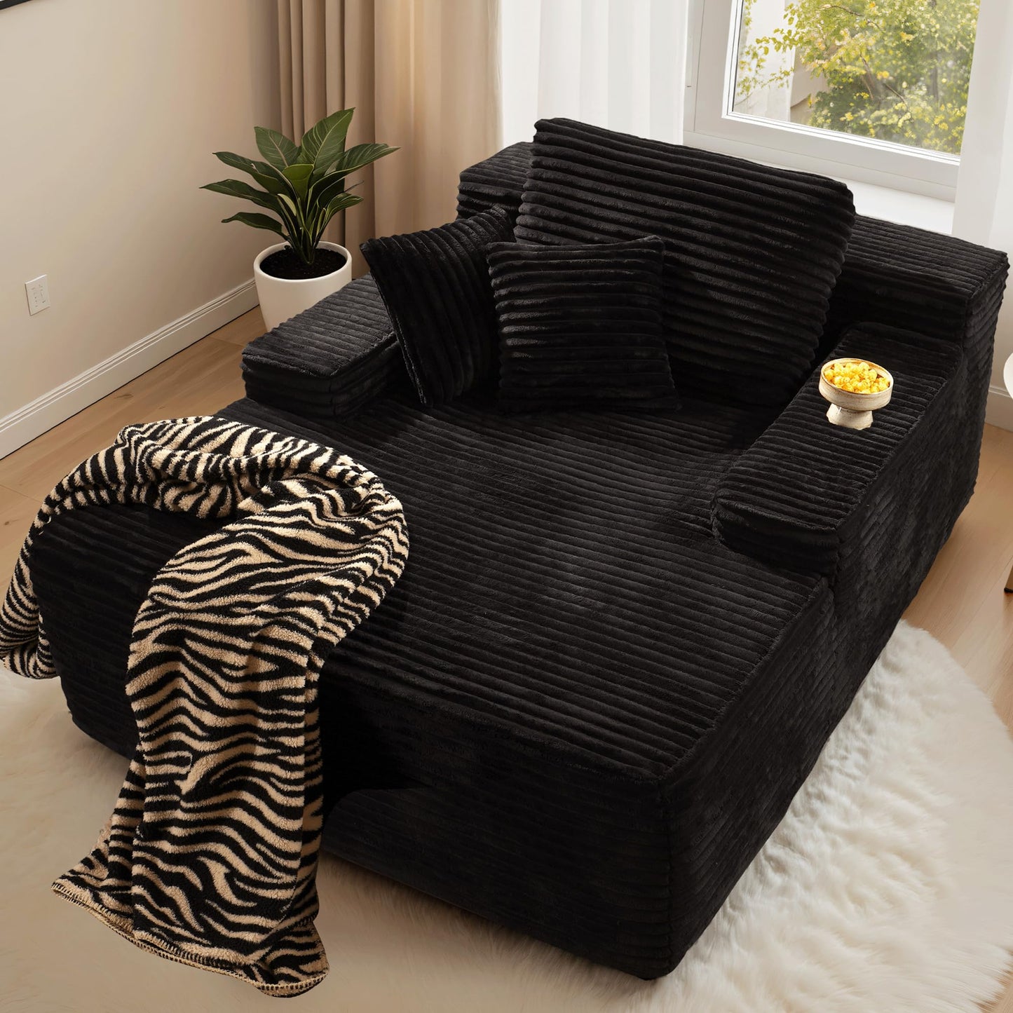 ovios 67'' Chaise Lounge Chair Indoor, Oversized Upholstered Boneless Sofa Bed, Deep Seat Sleeper Couch, Plush Cloud Sofas Couches for Living Room, No Assembly Required (Faux Fur, Black)