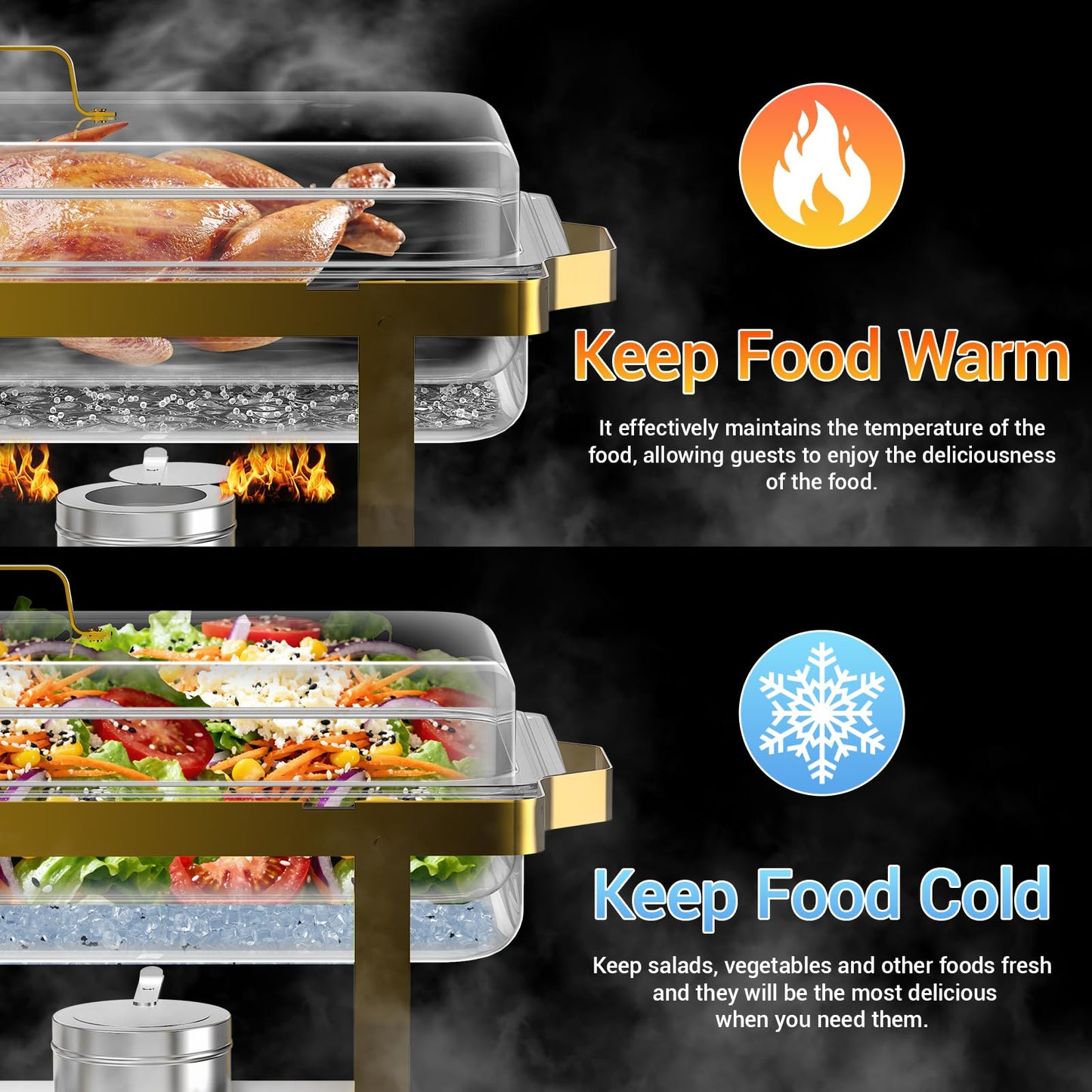 ZLMTZDJD 4 Pack 9 Qt Chafing Dishes Buffet Set - Gold Stainless Steel Food Warmers with 12 Serving Utensils (Tongs, Ladles, Spoons) for BBQ, Parties, Catering, Weddings, Events