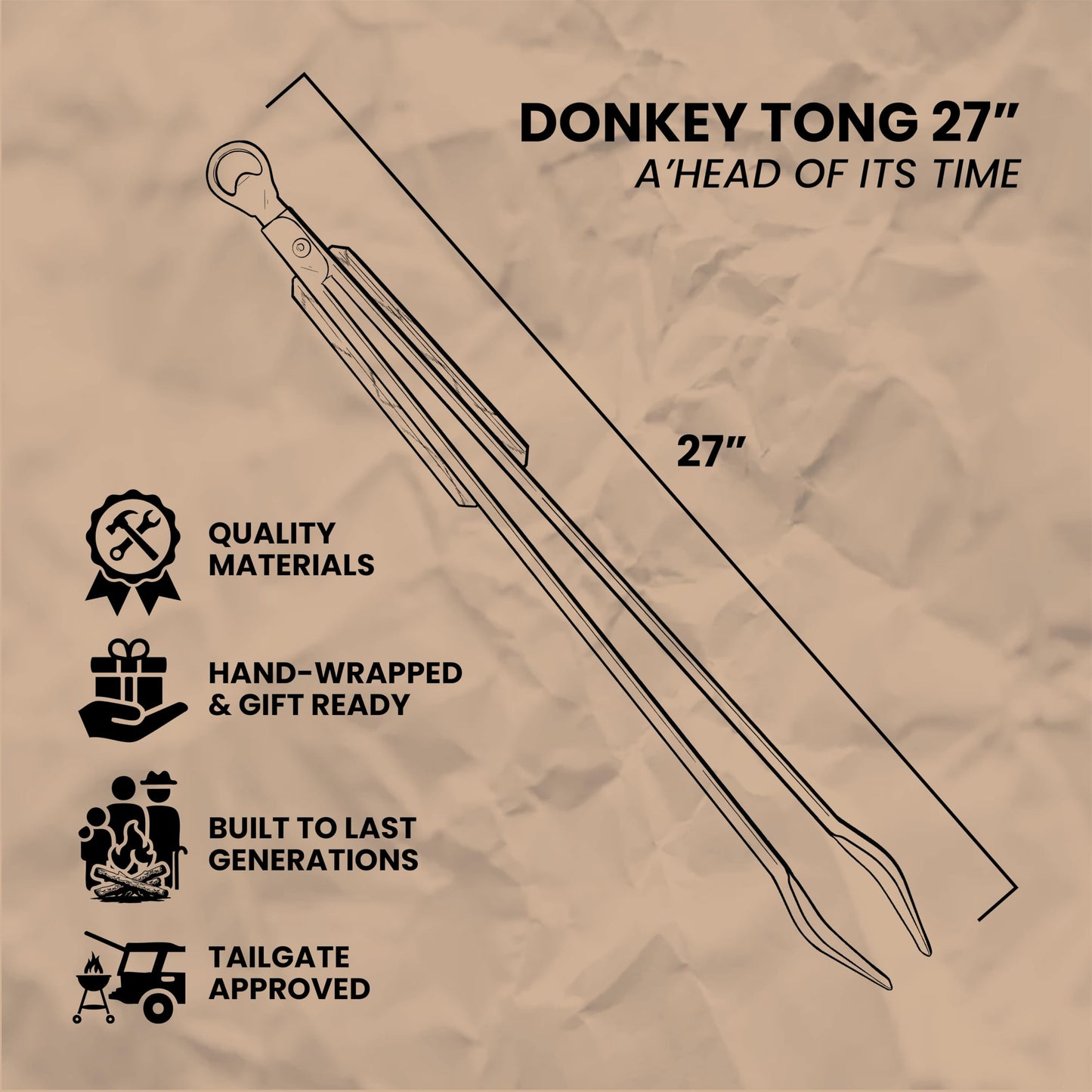27" Heavy Duty BBQ Tongs - Extra Long Grilling tool for Outdoor Cooking, Smoking & Grilling | Handmade South African Rust Resistant Stainless Steel Meat Tongs with Wood Handles | Donkey Tong