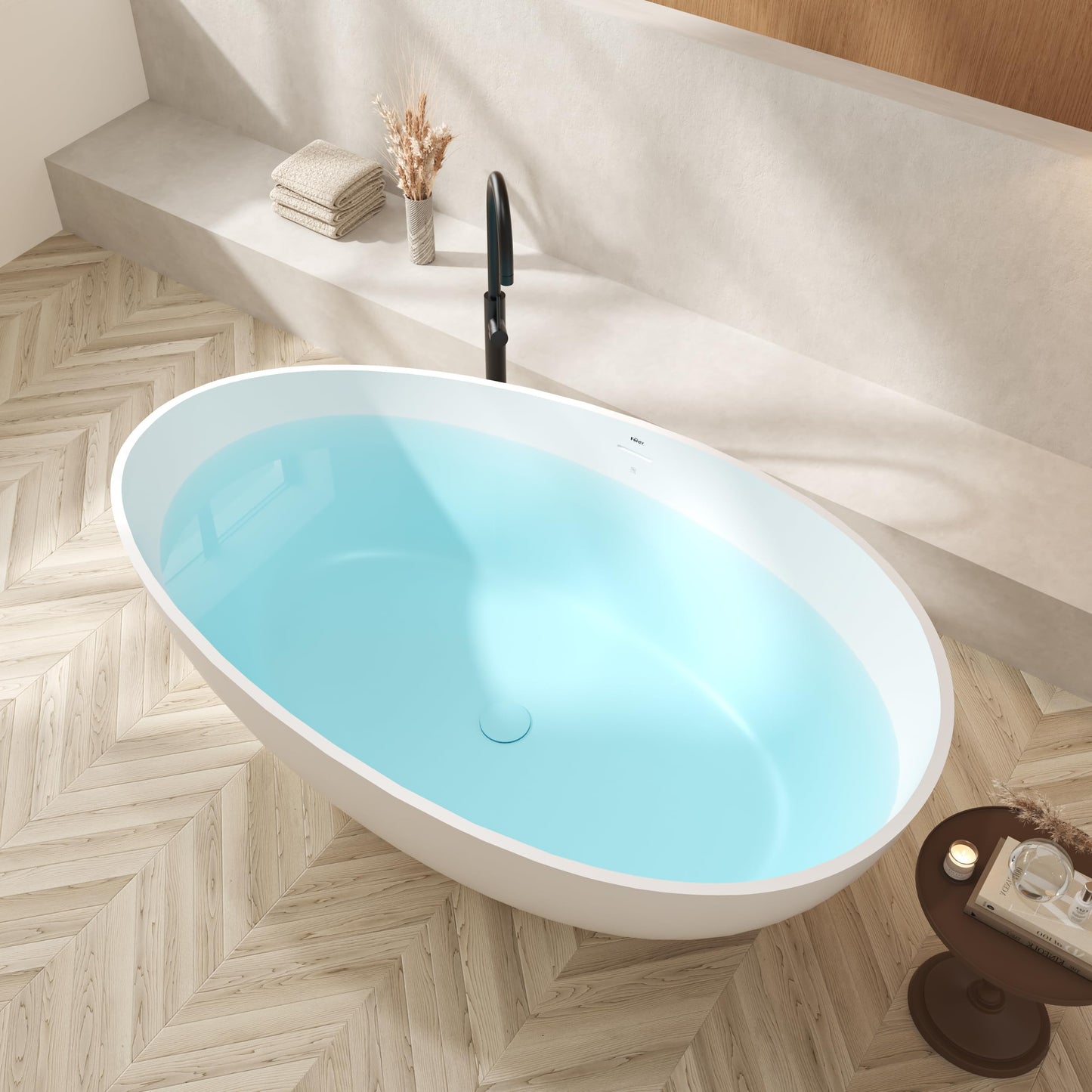 FerdY Lamu 63" Stone Resin Freestanding Bathtub, Gracefully Shaped Freestanding Bathtub, Solid Surface Soaking Tub, Matte White, cUPC Certified, Pop-up Drain and Integrated Slotted Overflow