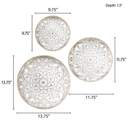 Madison Park Wall Art Living Room Décor - Medallion Trio Real Fir Wood Round Design, Home Accent Modern Kitchen Dining Decoration, Ready to Hang Panel for Bedroom, Multi-Sizes, Natural/White 3 Piece