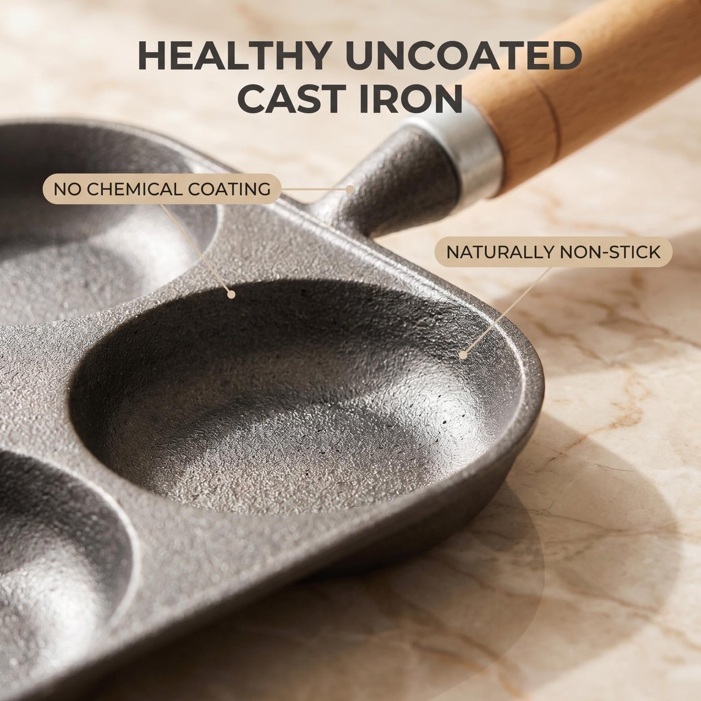 Cast Iron 4-Cup Egg Pan, Small Omelette Pan, Fast Breakfast Pan for Fried Eggs, Pancakes, Sandwich, & Burger, Suitable for Gas Stove and Induction Cooktop, Natural Nonstick with Seasoning, 6.6 inch