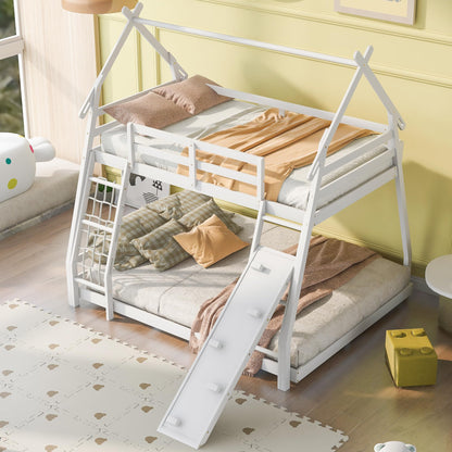 Bellemave Bunk Bed Twin Over Queen with Slides and Stairs, House Bunk Bed with Climbing Nets and Climbing Ramp for Kids, Teens, White