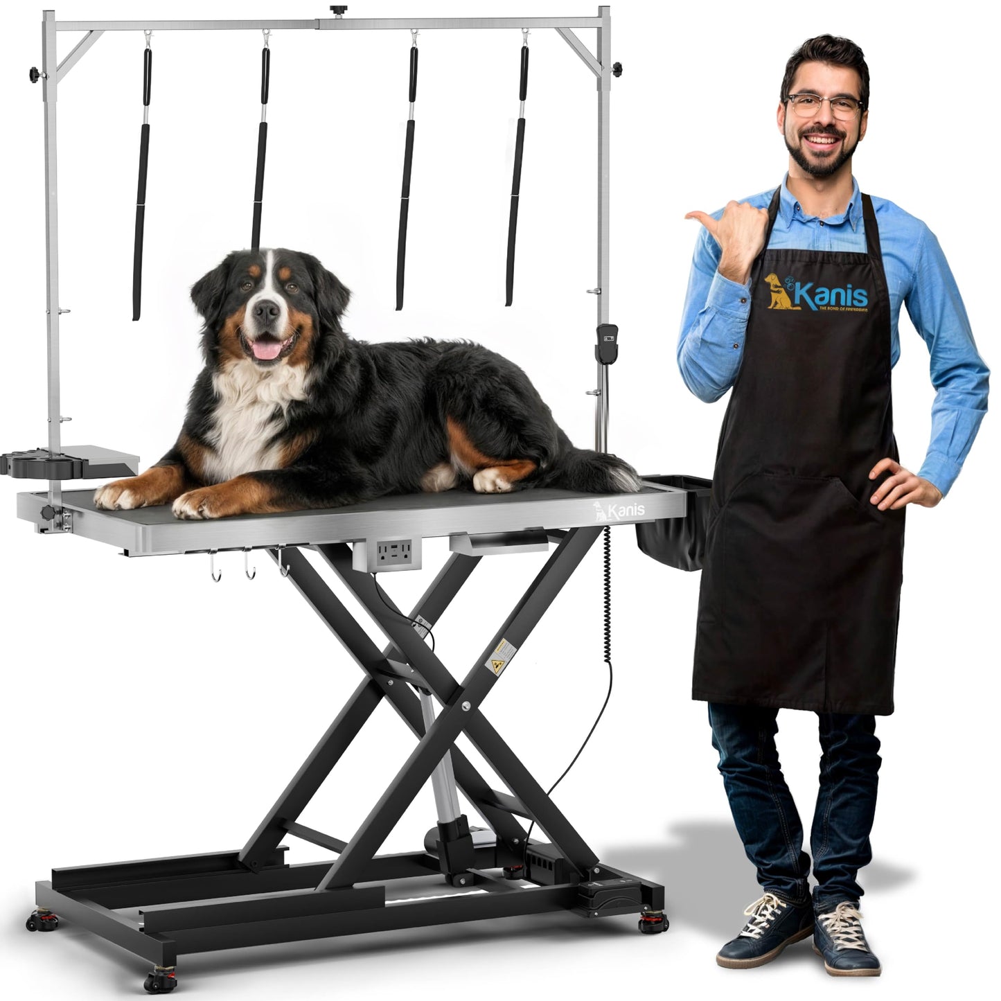 KANIS Professional Electric Dog Grooming Table - Heavy Duty, Height Adjustable Pet Grooming Table w/Leveling Wheels, Grooming Arm, Anti-Slip Tabletop & Tool Organizer/Dog Grooming Station (Black, 49")