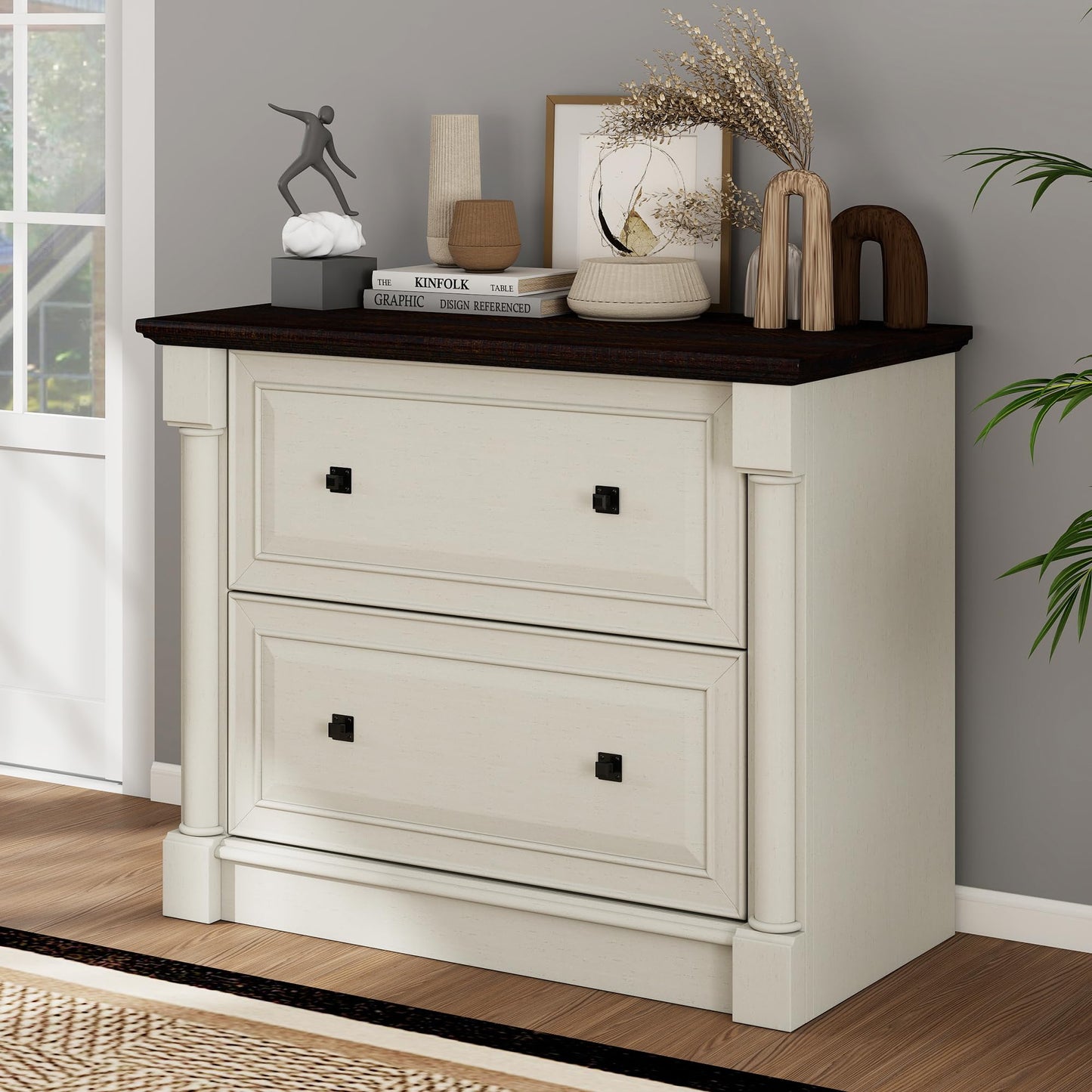 2-Drawer Roman Column File Cabinet, 36.8″ Wide Lateral File Cabinet with Hanging Folders, Fits Letter Legal A4 Size, Elegant Classic Design Home Office Boss Room Printer Stand, White and Brown top