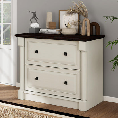 2-Drawer Roman Column File Cabinet, 36.8″ Wide Lateral File Cabinet with Hanging Folders, Fits Letter Legal A4 Size, Elegant Classic Design Home Office Boss Room Printer Stand, White and Brown top