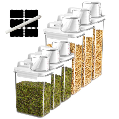 Air Tight Cereal Container Organizer Set of 6 - 1800ML & 2300ML Total 417oz, Dry Food Storage for Pet Food, Rice, Oatmeal with Pour Spout Lid and Plastic Small Measuring Cup for Flour and Sugar