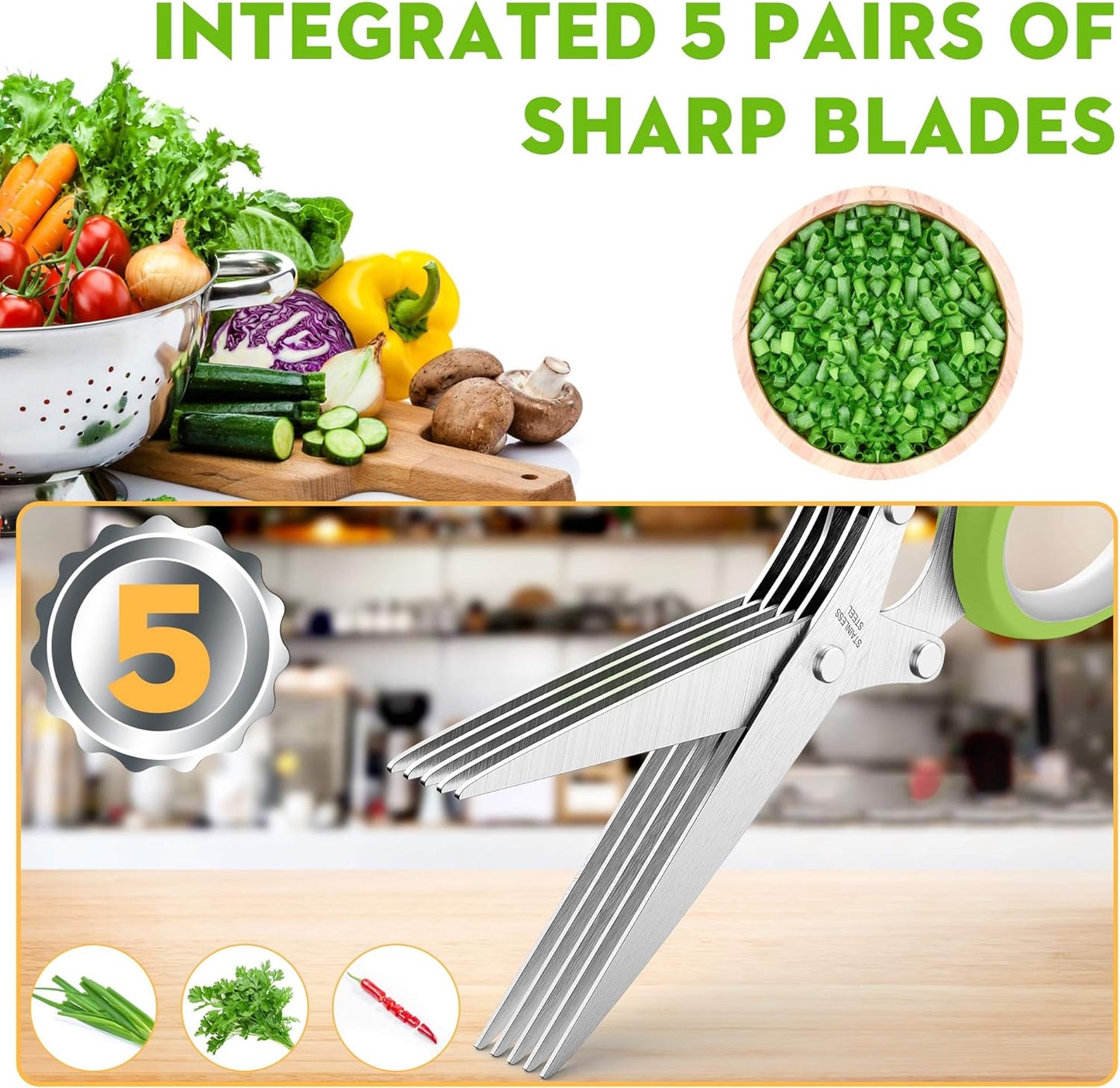 Herb Scissors Set - Updated 2025 Kitchen Gadgets for Cutting Fresh Herbs, 5 Blades, Sharp Stainless Steel