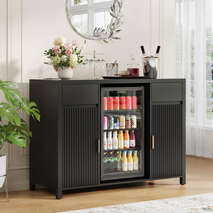 Garvee 53" Large Coffee Bar Cabinet with Fridge Space, Mini Fridge Cabinet with Wine Storage, Buffet Sideboard Table for Home, Fluted Liquor Cabinet with Wine Rack for Home, Living Room-Black