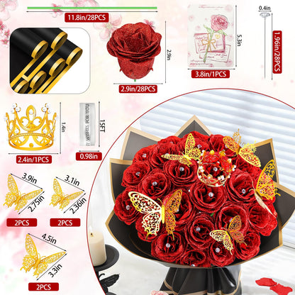 28 Red Glitter Roses Bouquet, 2026 Graduation Flowers Bouquet for Her DIY Fake Artificial Flower Bouquet Kit with Diomand Pins,Red Roses for Anniversary,Weddings,Mothers Day