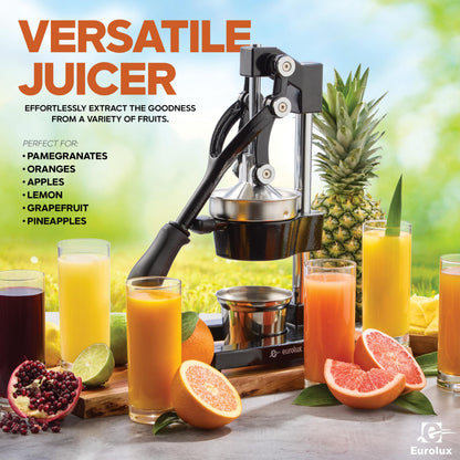 Eurolux Ultra-Premium Cast Iron Juicer | Extra-Large, Heavy Duty, Commercial Grade, Stainless Steel Manual Hand Press Citrus Squeezer For Fresh Orange Juice, Pomegranate, Lemon, and Much More (Black)