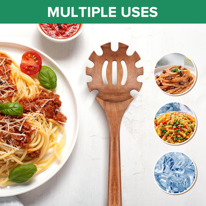 Wooden Pasta Spaghetti Spoon with Teeth, Teak Slotted Pasta Spaghetti Strainer Spoon for Cooking Serving Collecting, Wooden Pasta Fork Server Utensil with Claws, Wood Noodle Strainer,12.8″, Brown