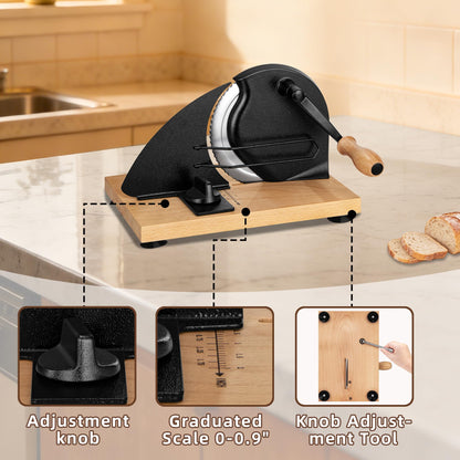 Manual Bread Slicer for Homemade Sourdough Bread Adjustable Thickness Bread Cutter with Hand Crank, Slicing Guide, Scale Line, Stainless Steel Blade & Suction Cups, for Perfect Even Slices (Black)