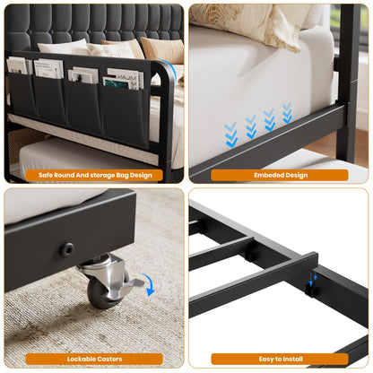 Daybed with Trundle, Metal Twin Bed Frame with Upholstered Storage Headboard, Charging Station & LED, Sofa Day Bed with Pop Up Trundle, Side Pockets, Sturdy Supports for Living Room and Bedroom, Black
