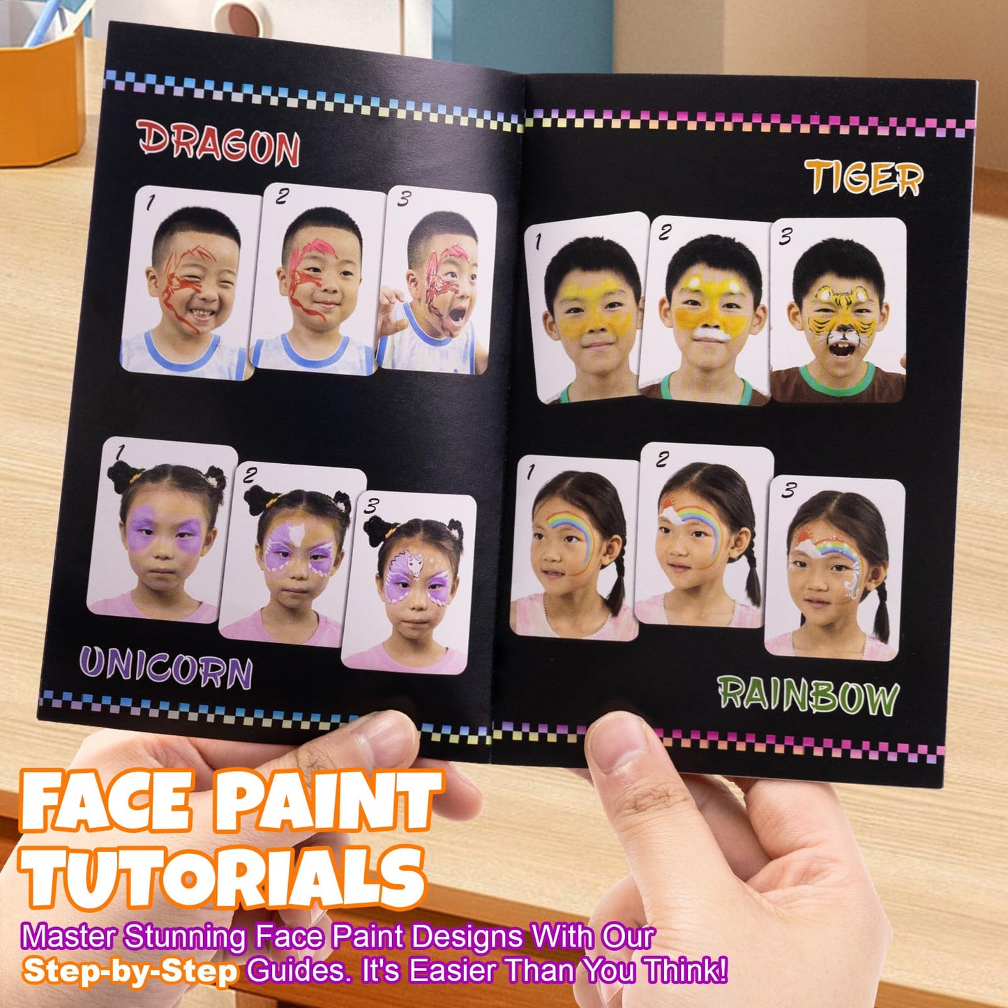 Trandpter 54 Color Face Painting Kit for Kids, Non-Toxic Face Paint Makeup Kit| with Stencil, Guide Book, Easy to Use and Washable Facepaint Makeup Kit for Halloween, Cosplay, School Event