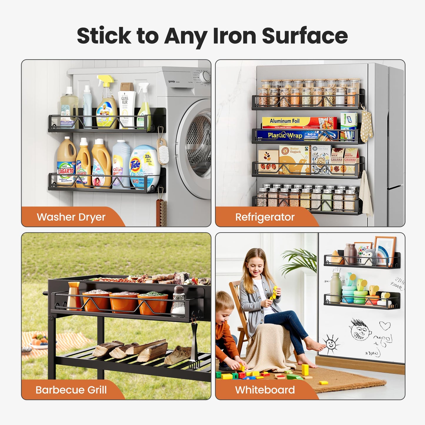 Mystozer 16.9 Inch Wide Large Capacity Magnetic Spice Rack for Refrigerator,4 Pack Metal Fridge Shelf Apartment Essentials Fridge Organizer Magnetic Storage Fridge Magnet Organizer(Black)
