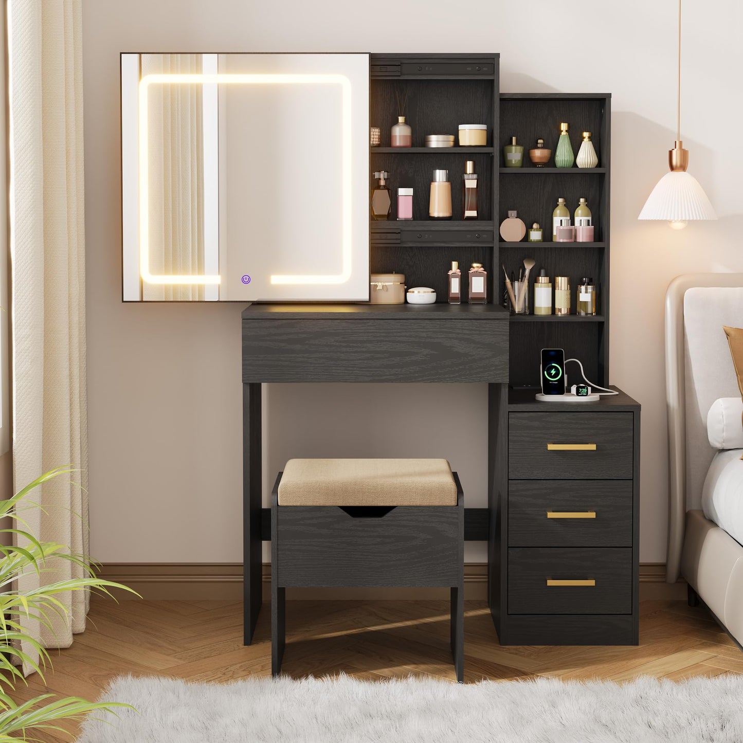 Garvee Makeup Vanity Desk with Sliding Lighted Mirror, Vanity Table with 3-Color Dimmable LED, Cushioned Stool & Power Outlet, 4 Drawers Makeup Table for Bedroom, Black