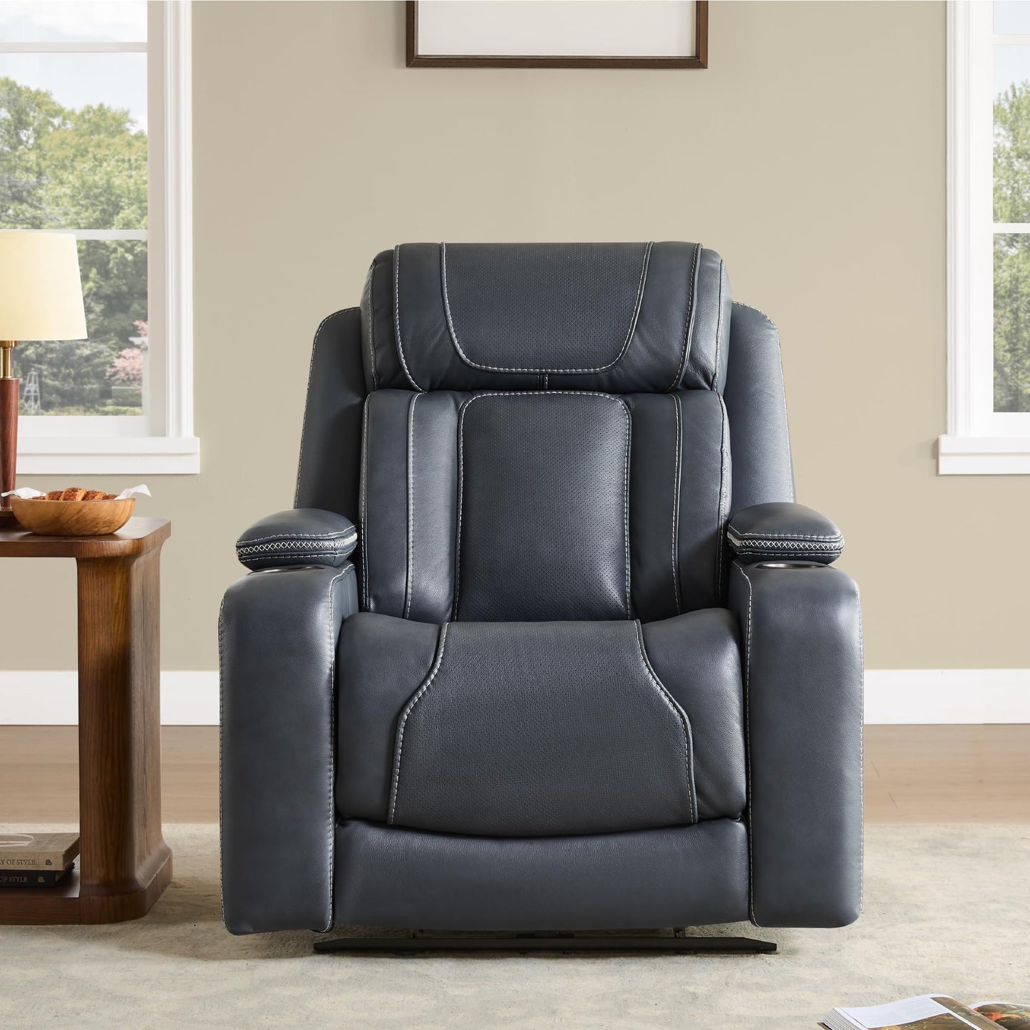 Watson & Whitely Super Zero Gravity Recliner Chair, Oversized Genuine Leather Electric Recliner W Power Adjustable Headrest & Lumbar Support Hidden Storage for Living Room, Navy Blue